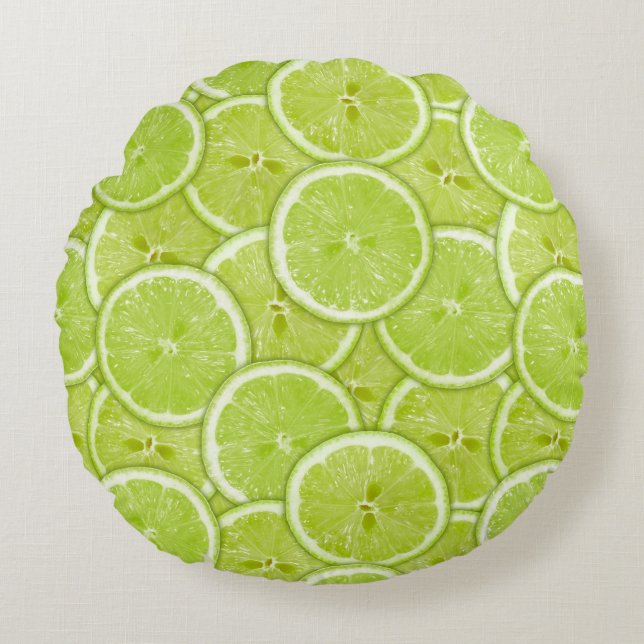 Mönster av gröna limefruktskivor rund kudde (Framsidan)