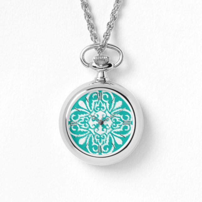 Mönster av iskat damask - turkos och vitt armbandsur (Framsida)