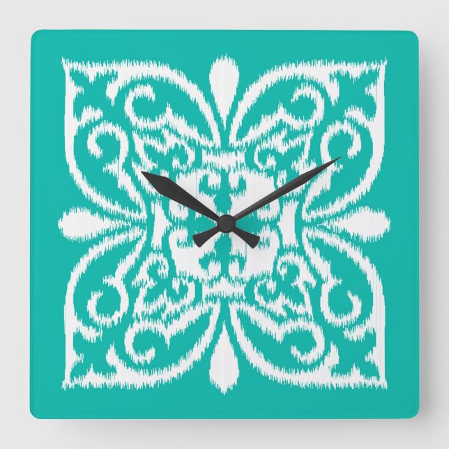 Mönster av iskat damask - turkos och vitt fyrkantig klocka (Framsida)
