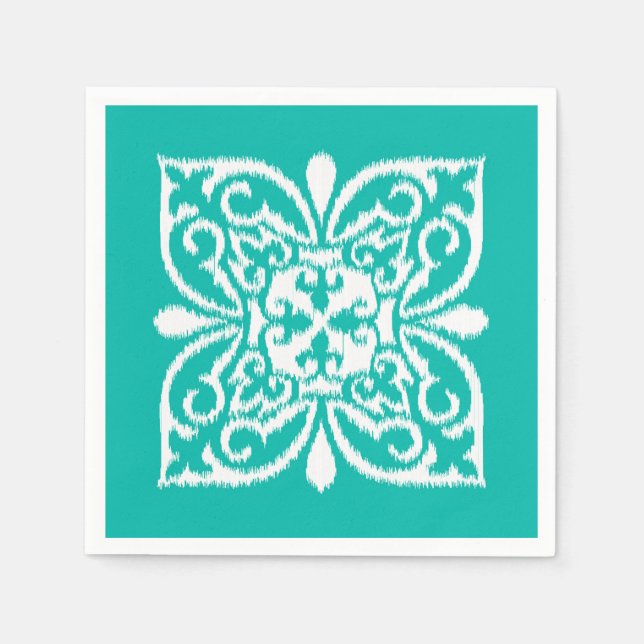 Mönster av iskat damask - turkos och vitt pappersservett (Framsidan)