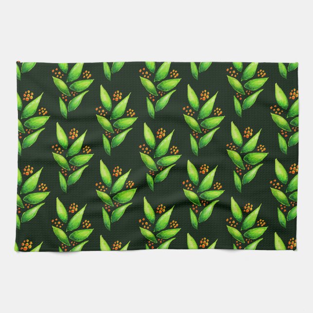 Mönster av vattenfärggröntväxter med bär kökshandduk (Horisontell)