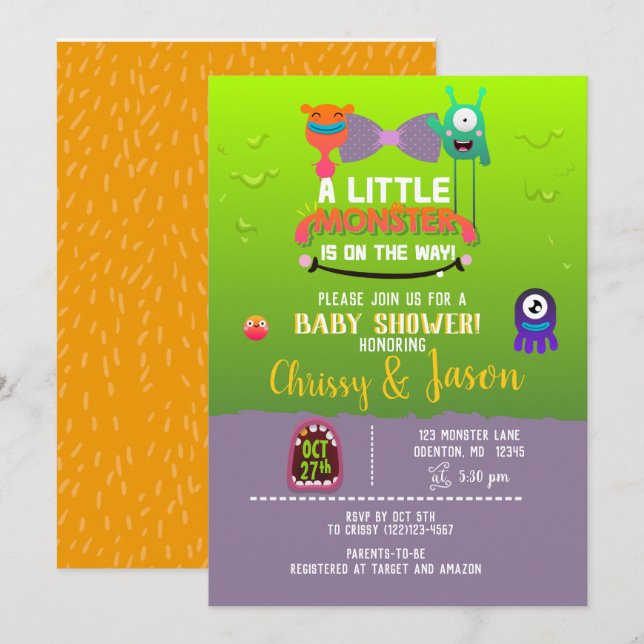Monster Baby Shower - de har Skapat en Monster Inbjudningar (Fram/baksida)