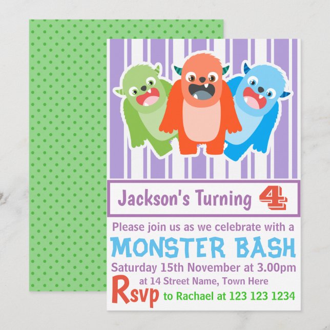 Monster Bash Colorful Roligt Anpassningsbar Barns  Inbjudningar (Fram/baksida)