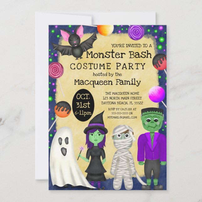 Monster Bash Costume Halloween fest Inbjudningar (Framsida)