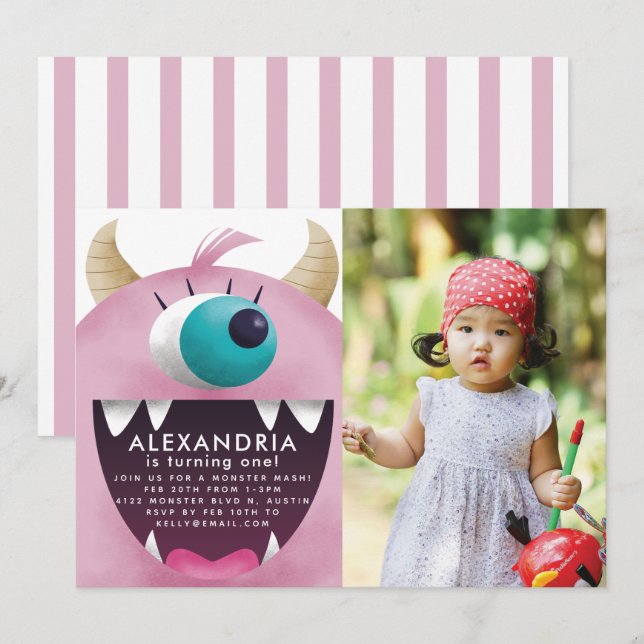 Monster Bash Rosa Födelsedagsfest Photo Inbjudningar (Fram/baksida)