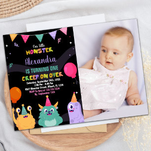 Monster Birthday bjuder in Rosa Ballon w Photo Inbjudningar