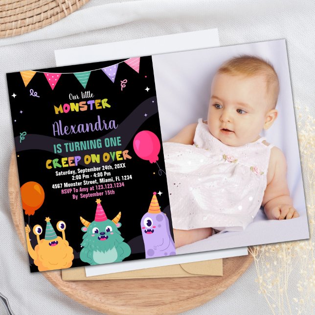 Monster Birthday bjuder in Rosa Ballon w Photo Inbjudningar (Monster Birthday Invitations Pink Ballon w Photo)