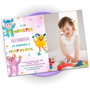 Monster Birthday Bjuder in rosa lila w Photo Inbjudningar