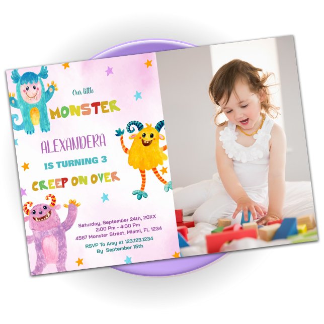 Monster Birthday Bjuder in rosa lila w Photo Inbjudningar (Monster Birthday Invitations pink purple w Photo)