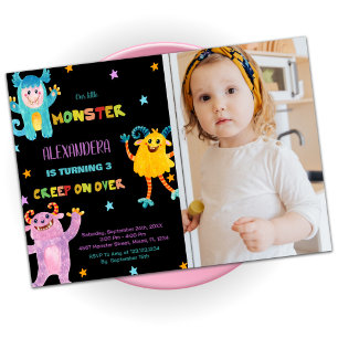 Monster Birthday-inbjudan lila Black w-foto Inbjudningar