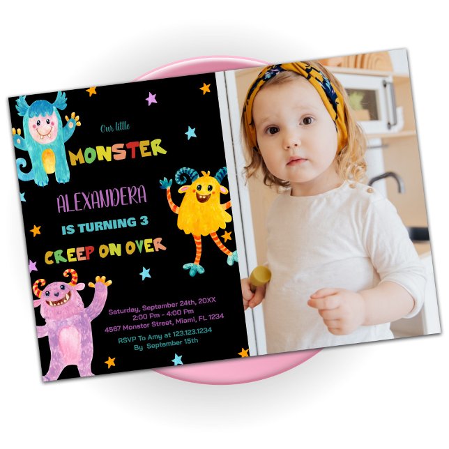 Monster Birthday-inbjudan lila Black w-foto Inbjudningar (Monster Birthday Invitations purple Black w photo)