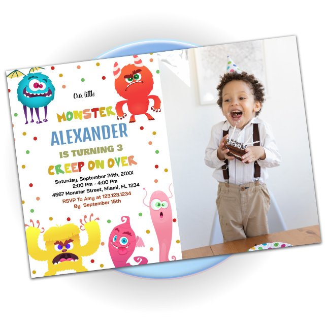 Monster Birthday-inbjudan Röd med foto Inbjudningar (Monster Birthday Invitations Red with photo)