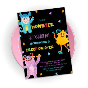 Monster Birthday-inbjudan rosa lila Black Inbjudningar
