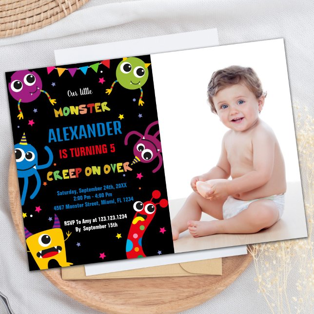 Monster Birthday-inbjudningar Färg Black w-foto Inbjudningar (Monster Birthday Invitations Colours Black w photo)