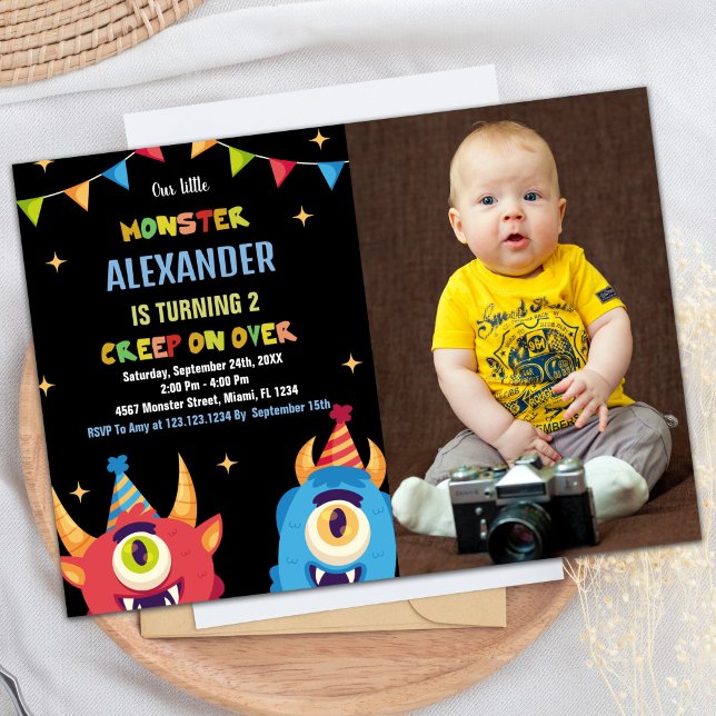 Monster Birthday-inbjudningar Färg Flaggor med fot Inbjudningar (Monster Birthday Invitations Colour Flags w photo)