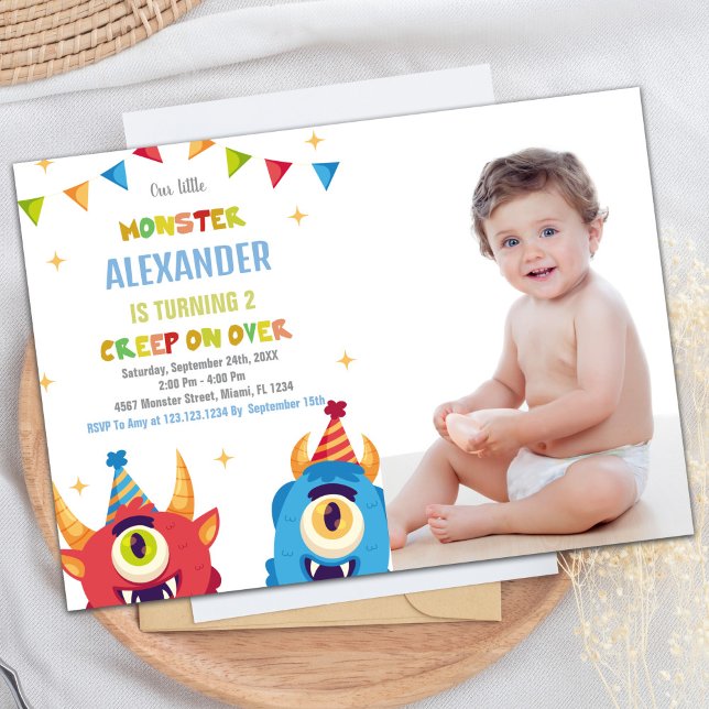 Monster Birthday-inbjudningar Färg Flaggor med fot Inbjudningar (Monster Birthday Invitations with photo)