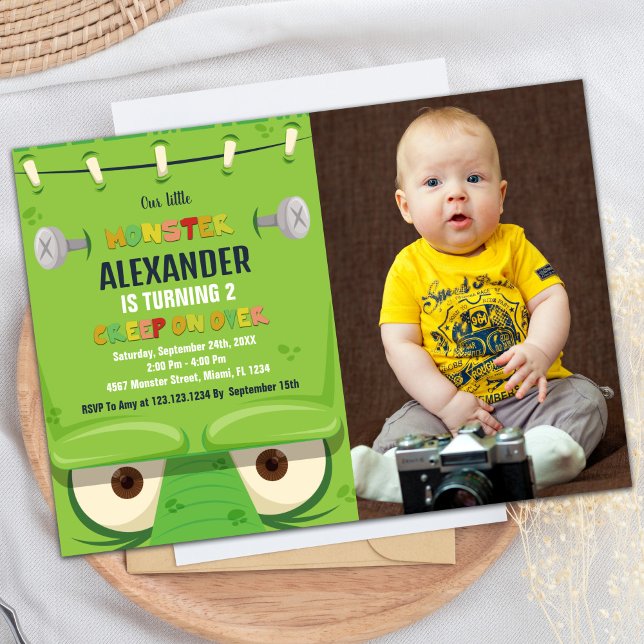 Monster Birthday-inbjudningar, Grönt Monster-foto Inbjudningar (Monster Birthday Invitations, Green Monster photo Invitation)
