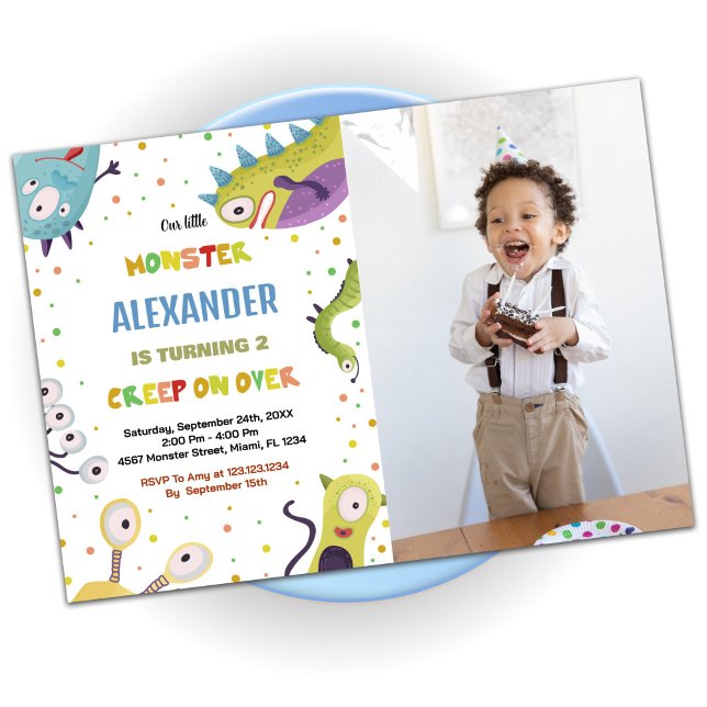 Monster Birthday-inbjudningar Mörk grönt med foto Inbjudningar (Monster Birthday Invitations Dark Green with photo)