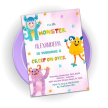 Monster Birthday-inbjudningar rosa lila