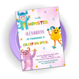Monster Birthday-inbjudningar rosa lila Inbjudningar