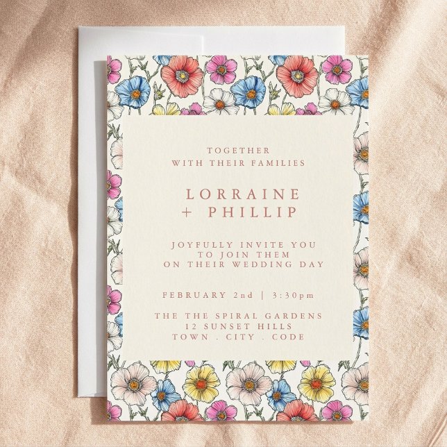 Mönster bröllopsinbjudan för färgade vilda blommor inbjudningar (Colorful wildflowers pattern wedding invitation.)