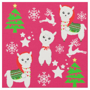 Mönster Cute Girly Llama Snöflingor Julafton Tyg