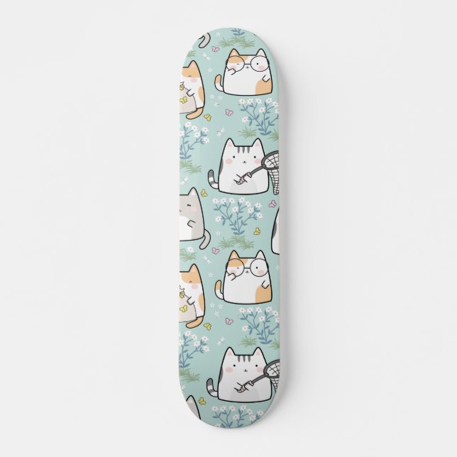 Mönster Cute Kawaii Cats plant butterflies Mini Skateboard Bräda 18,5 Cm (Framsida)
