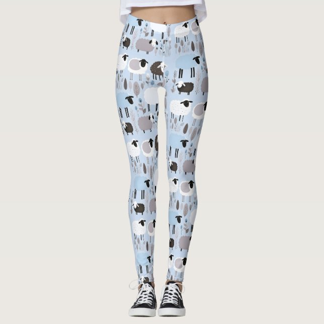 Mönster Cute Sheep Pastel Blue Färg Minimal Leggings (Framsida)