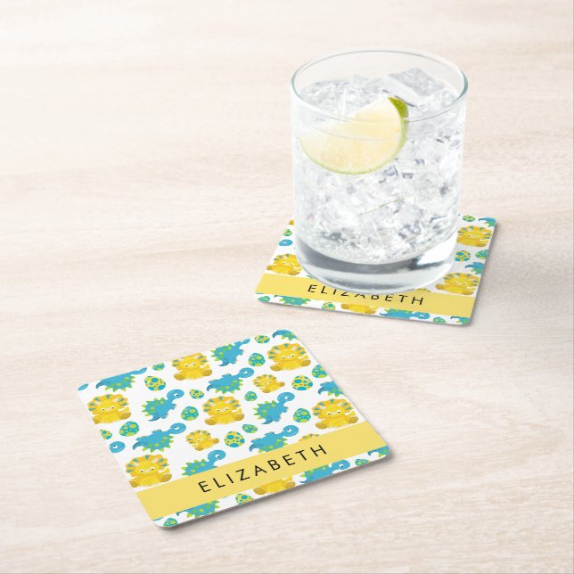 Mönster, dinosaurier, Cute Dinosaurs, ditt namn Underlägg Papper Kvadrat (Insitu)