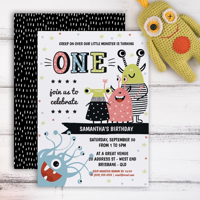 Monster ett år gammal födelsedagsinbjudan inbjudningar (Your little one will be in for a monster of a celebration with this creative invitation.)