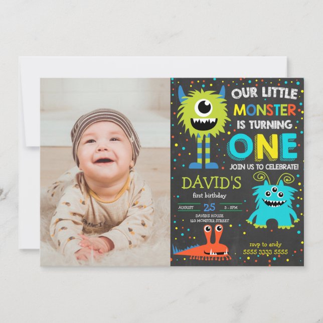 Monster First Birthday Boy Little Monster Photo Inbjudningar (Framsida)