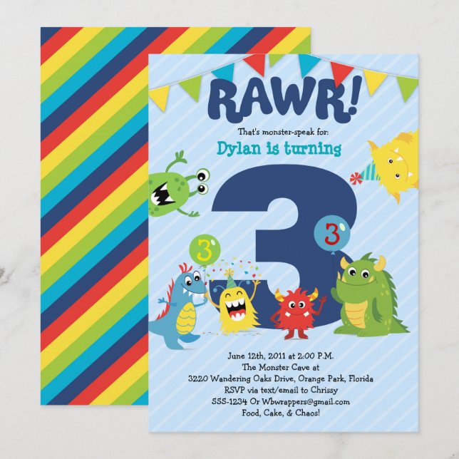 Monster Födelsedagsfest inbjudan (Fram/baksida)