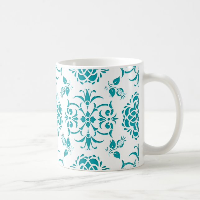 Mönster för Aqua and White Blommigt Damask Kaffemugg (Höger)