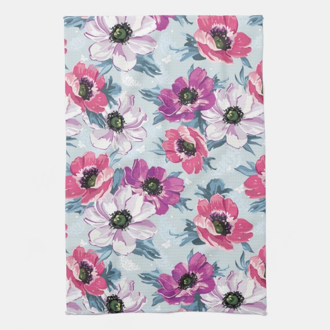 Mönster för elegansfärgblommor på blått kökshandduk (Vertikal)