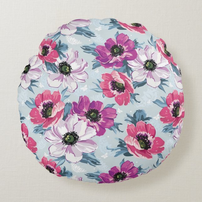 Mönster för elegansfärgblommor på blått rund kudde (Framsidan)
