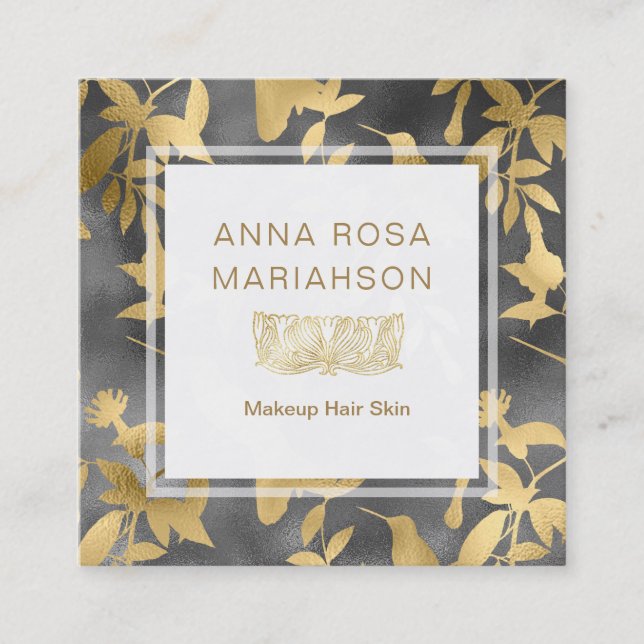 Mönster för fågel för *~*art déco blom- guld- fyrkantigt visitkort (Framsida)