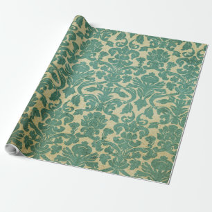 Mönster för grön vit för vintage blom- damasta presentpapper