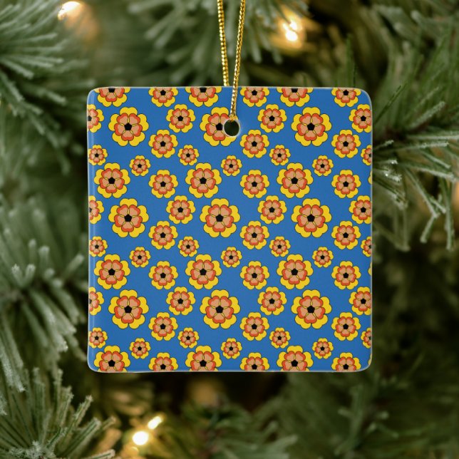 Mönster för gula orange blommor julgransprydnad keramik (Träd)