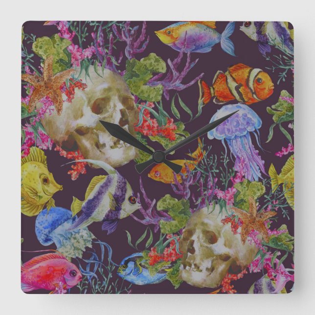 Mönster för havslivGrunge Fyrkantig Klocka (Framsida)