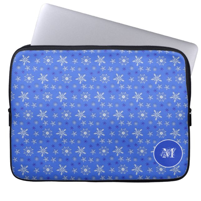 mönster för julsnöflingorblått. monogram. laptop fodral (Framsidan)