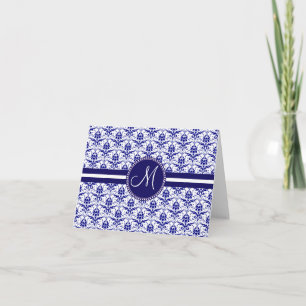 Mönster för Monogram Elegant Blue and White Damask Anteckningskort