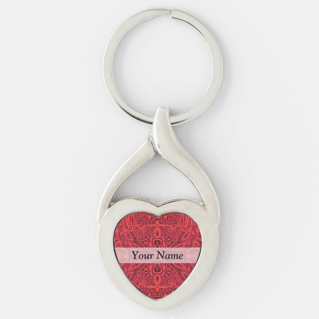 Mönster för röda stambaserade modersmjölkar twisted heart silverfärgad nyckelring (Framsidan)