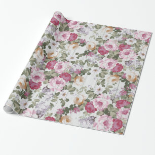 Mönster för rosa rosa blom- lantlig vit för presentpapper