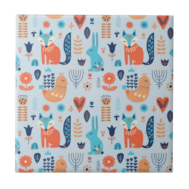 Mönster för skogsmark för Folk konst djurt Kakelplatta (Framsidan)