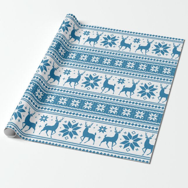 Mönster för Snowflake för blått för vinterjulhjort Presentpapper (Utrullad)