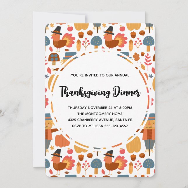 Mönster för Thanksgiving med kalkoner och fågelskr Inbjudningar (Framsida)