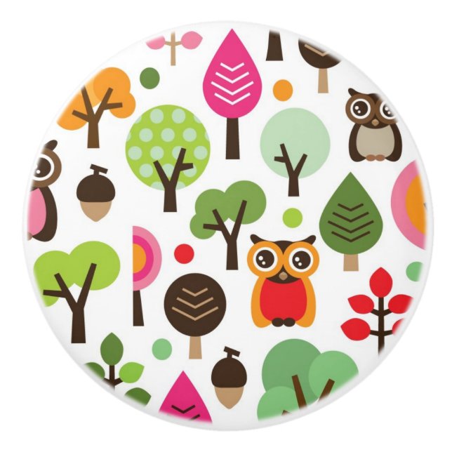 mönster för uggla för rosalövträd retro knopp (Framsidan)