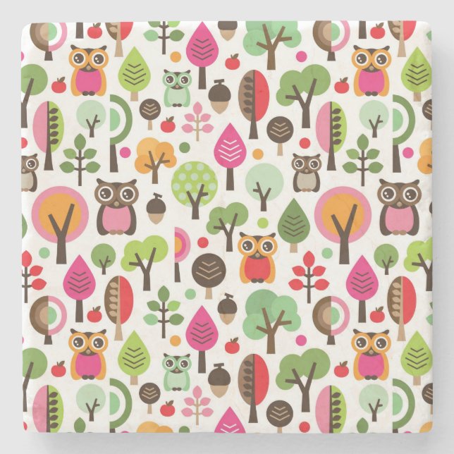 mönster för uggla för rosalövträd retro stenunderlägg (Framsidan)