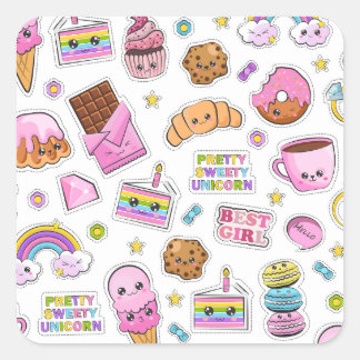 Mönster Funny Unicorn Magic Rainbow Cute Fyrkantigt Klistermärke