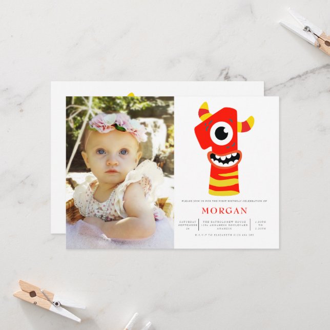 Monster Gender Neutral 1:a födelsedag Party Photo Inbjudningar (Fram/Back In Situ)